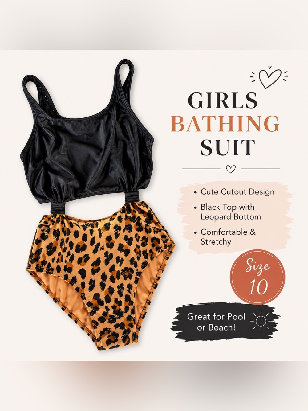 Girls Size 10 Leopard Print Cutout One-Piece Swimsuit 🖤🐆